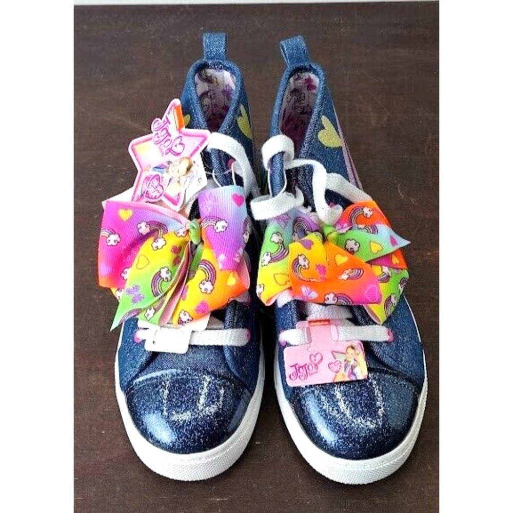 JoJo Siwa Kids High Top Sneakers Rainbow Glitter Denim Blue Size 4